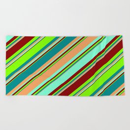 [ Thumbnail: Eyecatching Dark Cyan, Brown, Aquamarine, Dark Red, and Chartreuse Colored Striped/Lined Pattern Beach Towel ]
