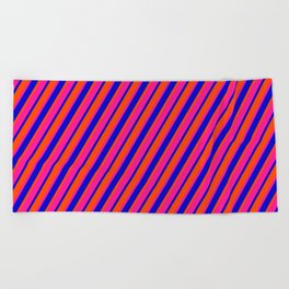 [ Thumbnail: Red, Deep Pink & Blue Colored Pattern of Stripes Beach Towel ]