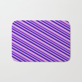 [ Thumbnail: Plum, Purple & Dark Blue Colored Lines Pattern Bath Mat ]