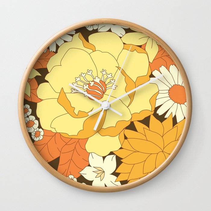 Yellow, Orange and Brown Vintage Floral Pattern Wall Clock