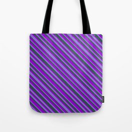 [ Thumbnail: Purple, Dark Slate Gray, and Dark Violet Colored Lines Pattern Tote Bag ]