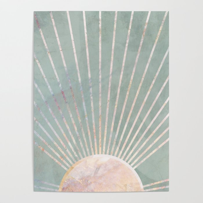 Boho Green Metallic Sun Rays Poster