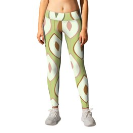 Retro leaves geometric seamless pattern in pink, gold, beige on mint green  Leggings