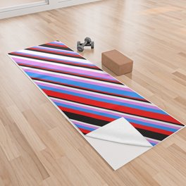 [ Thumbnail: Eyecatching Violet, Blue, Red, Black & White Colored Lines Pattern Yoga Towel ]