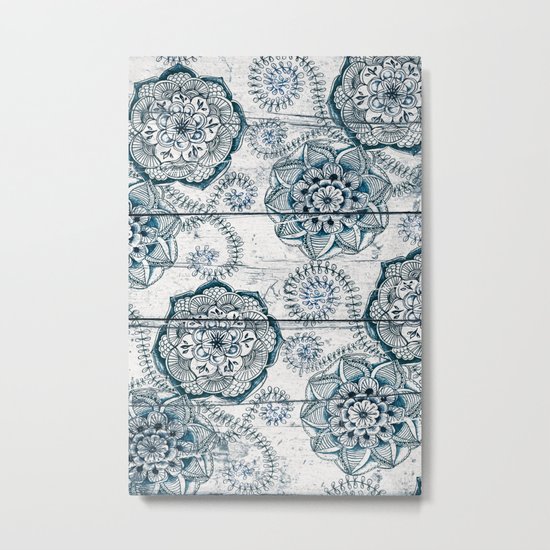 Navy Blue Floral Doodles on Wood Metal Print