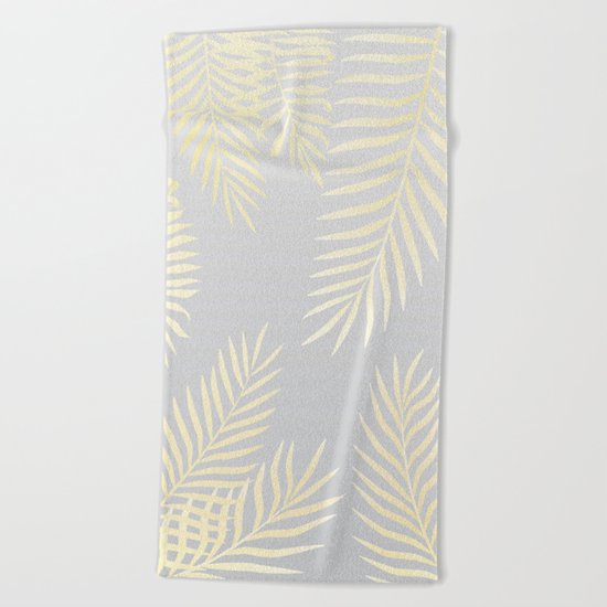 Gold palm leaves on grey Beach Towel