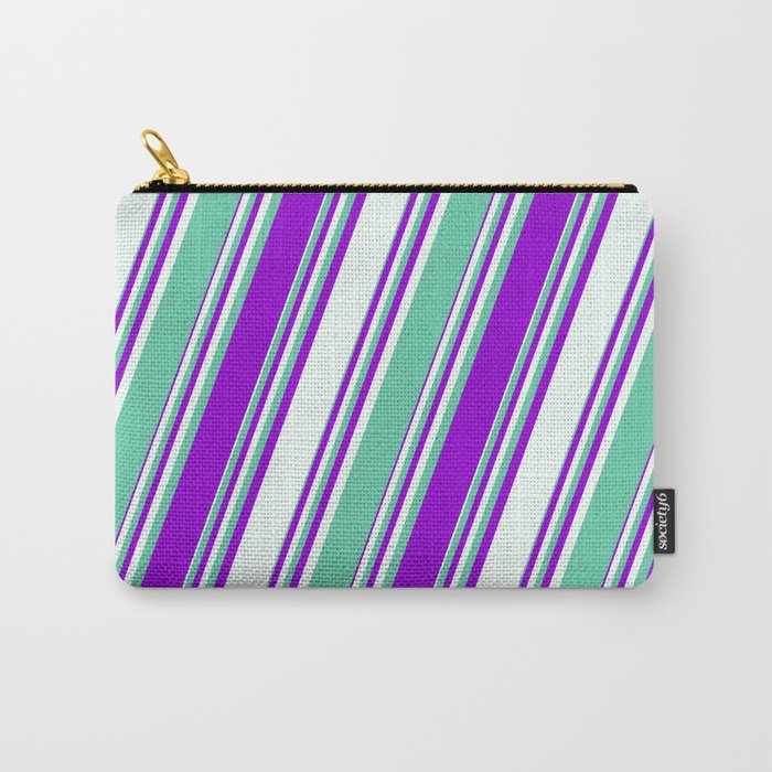 Aquamarine, Dark Violet, and Mint Cream Colored Stripes/Lines Pattern Carry-All Pouch