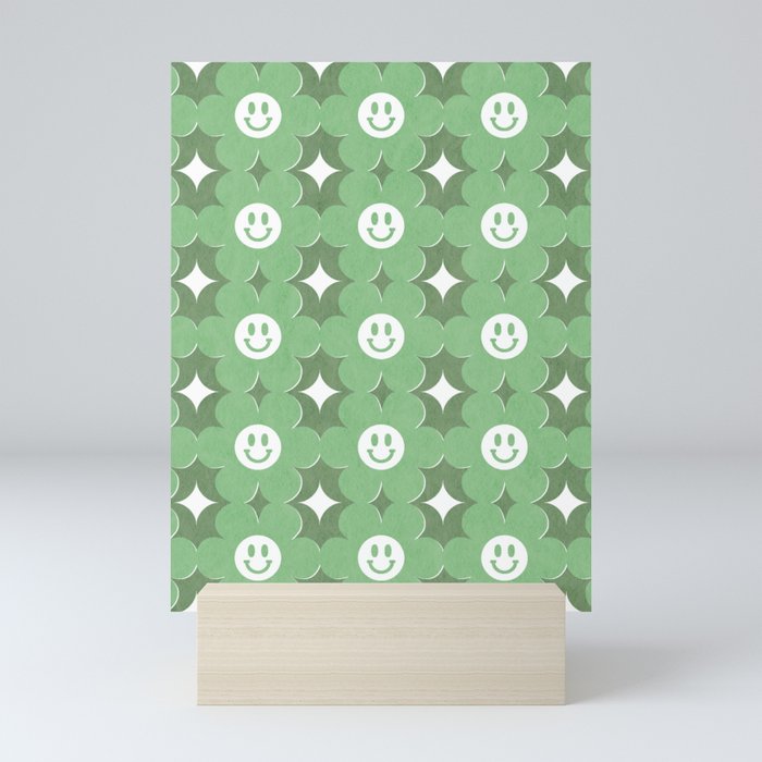 Retro happy smiley blooms pattern  # green tropical Mini Art Print