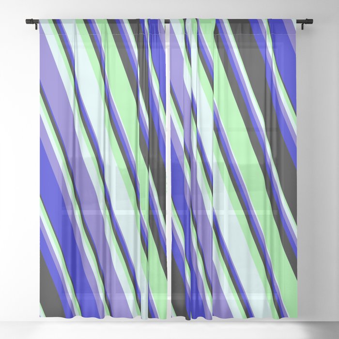 Green, Light Cyan, Slate Blue, Blue, and Black Colored Stripes Pattern Sheer Curtain