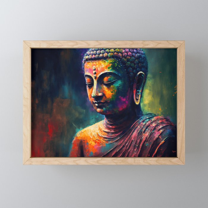 Radiant & Vibrant: Colorful Buddha Portrait Digital Watercolor Painting Framed Mini Art Print