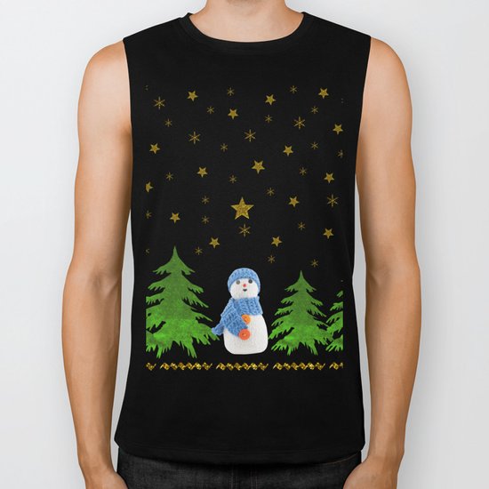 Sparkly gold stars, snowman and green tree Biker Tank