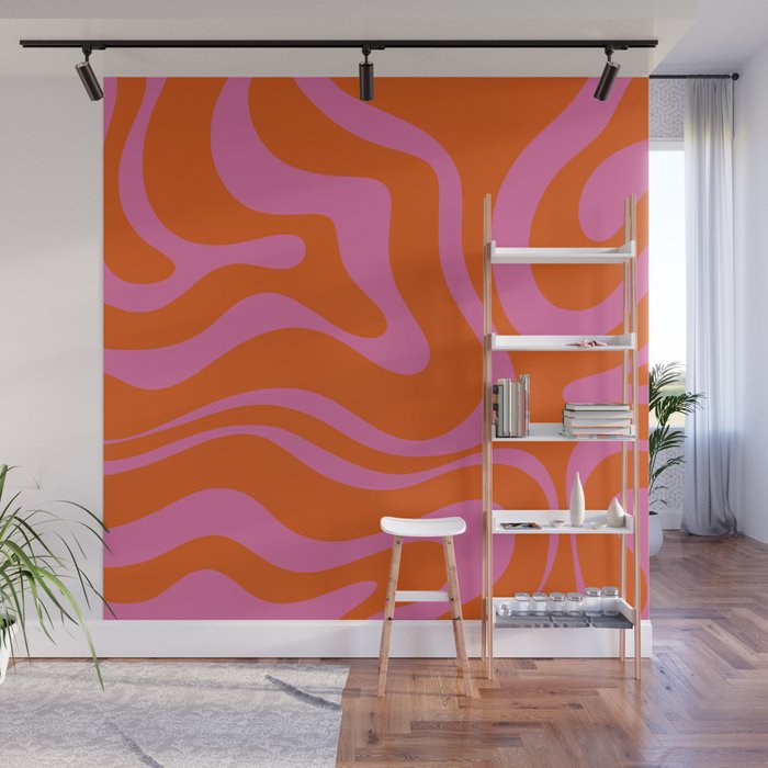 Modern Retro Liquid Swirl Abstract Pattern Square in Red Orange and Hot Pink Wall Mural