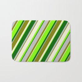 [ Thumbnail: Vibrant Beige, Chartreuse, Dark Green, Grey, and Green Colored Lined Pattern Bath Mat ]