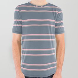 [ Thumbnail: Slate Gray, Pink, and Dark Grey Colored Lines Pattern All Over Graphic Tee ]