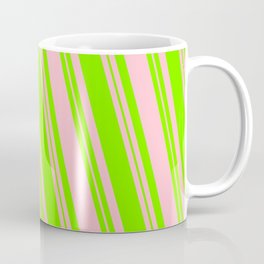 [ Thumbnail: Pink & Green Colored Lined/Striped Pattern Coffee Mug ]