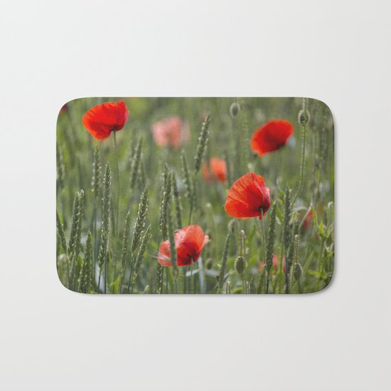 Red Poppy Flowers on green meadow Bath Mat