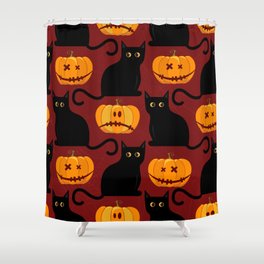 Halloween seamless pattern with pumpkins and black cats. Shower Curtain