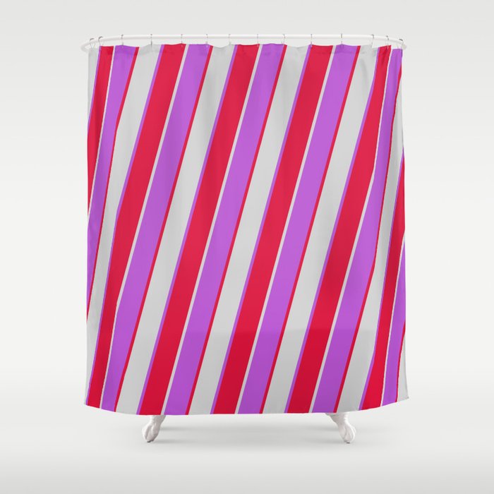 Orchid, Crimson, and Light Grey Colored Stripes/Lines Pattern Shower Curtain