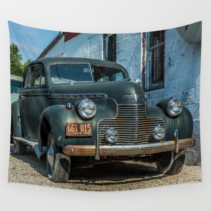 Antique Cars outside an old Route 66 Service Station in Odell, Illinois Wall Tapestry