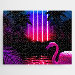 Neon landscape: Neon pillars, palms & flamingo [synthwave/vaporwave/cyberpunk] — aesthetic poster Jigsaw Puzzle