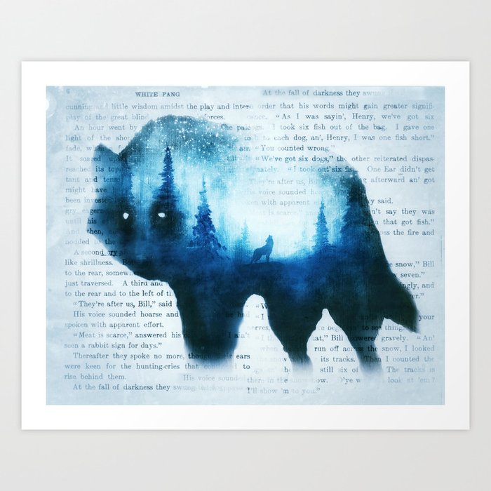 Wolf in the Forest | Double Exposure Wolf | Book Pages | Vintage Wolf Art Art Print