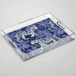 Tigers in a tiger lily garden // textured navy blue background light grey wild animals very peri flowers Acrylic Tray