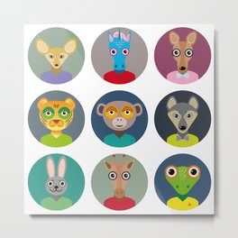 Set of animals faces circle icons set in Trendy Flat Style. zoo Metal Print