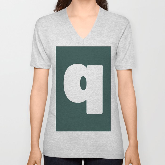 q (White & Dark Green Letter) V Neck T Shirt
