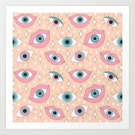 Retro eyes with eyelashes and with lips. Seamless pattern. Art Print