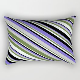 [ Thumbnail: Slate Blue, Grey, Dark Olive Green, Mint Cream, and Black Colored Stripes Pattern Rectangular Pillow ]