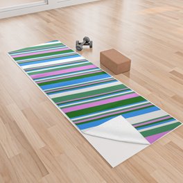 [ Thumbnail: Vibrant Sea Green, Violet, Dark Green, Blue, and White Colored Stripes/Lines Pattern Yoga Towel ]
