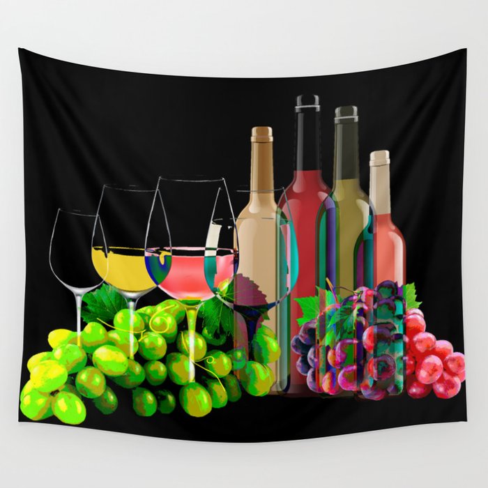 Graphic Art Composition Of Grapes, Wine Glasses, and Bottles Wall Tapestry