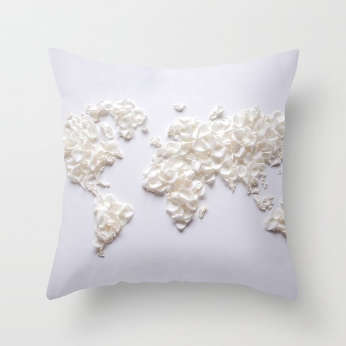 White Rose Petal World Map Throw Pillow By
