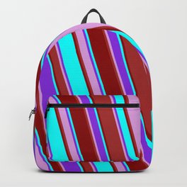 [ Thumbnail: Purple, Plum, Brown, Dark Red & Cyan Colored Lines/Stripes Pattern Backpack ]