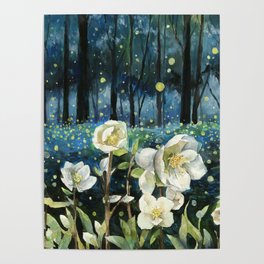 Magical Forest at Night, Fireflies and Helleborus Poster