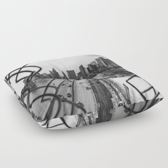 Views of New York City | Skyline and Brooklyn Bridge Through the Fence | Black and White Floor Pillow