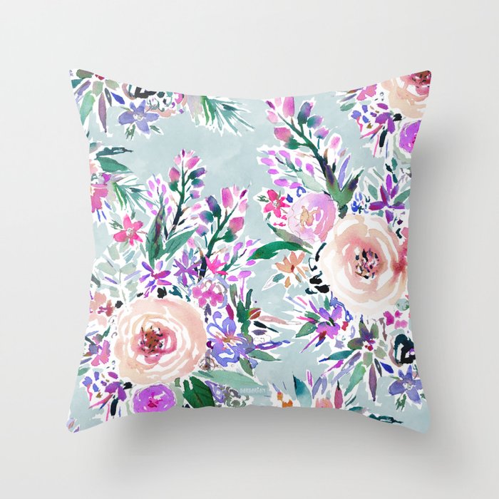 WILD DANCE Ice Blue Floral Throw Pillow