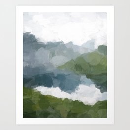 Cloud Reflection - Gray Blue Lake White Green Mountain Reflection Abstract Nature Painting Art Print Art Print