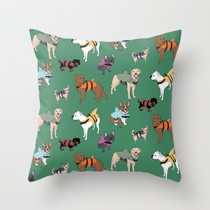 Dog Sharks (dogs in shark life-jackets) on green Throw Pillow