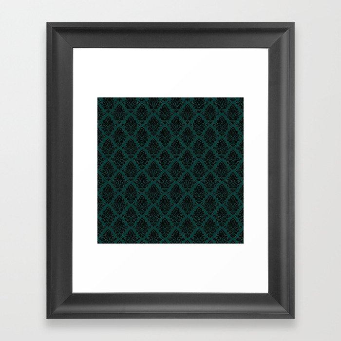 Black damask pattern Teal Framed Art Print