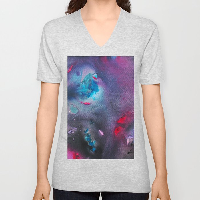 Neon Pink Blue Black Galaxy Swirl Milky Way Bacteria Colony V Neck T Shirt