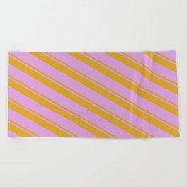 [ Thumbnail: Goldenrod & Plum Colored Stripes Pattern Beach Towel ]