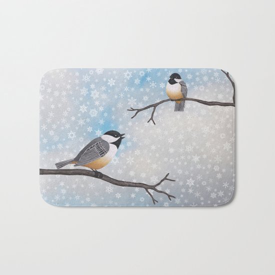 chickadees in snow Bath Mat