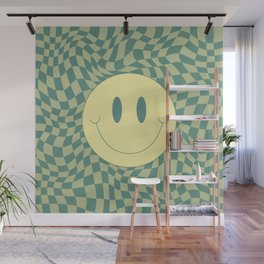 Yellow green smiley wavy checker Wall Mural