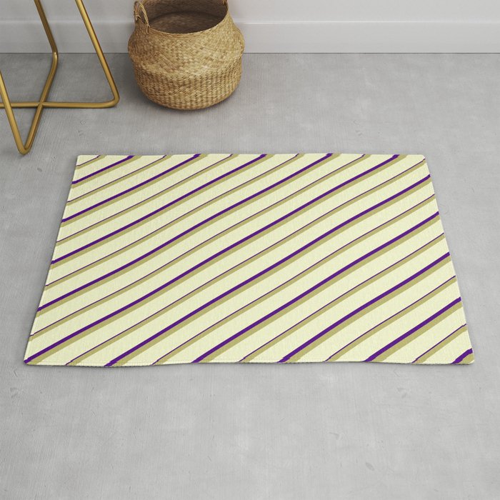 Dark Khaki, Light Yellow & Indigo Colored Lined/Striped Pattern Rug