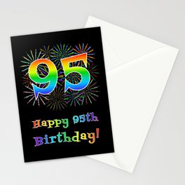 [ Thumbnail: 95th Birthday - Fun Rainbow Spectrum Gradient Pattern Text, Bursting Fireworks Inspired Background Stationery Cards ]