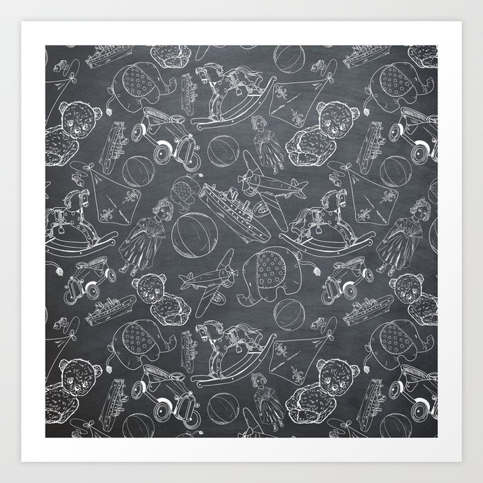 Black Chalkboard With White Children Toys Seamless Pattern Art Print