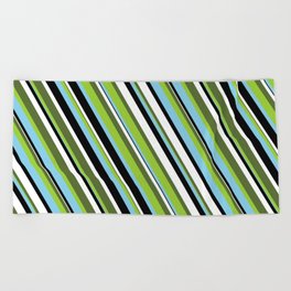 [ Thumbnail: Eye-catching Dark Olive Green, Green, Sky Blue, Black & White Colored Stripes/Lines Pattern Beach Towel ]