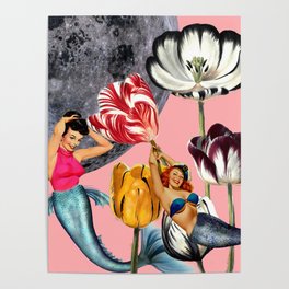 Mermaid Floral with moon Poster