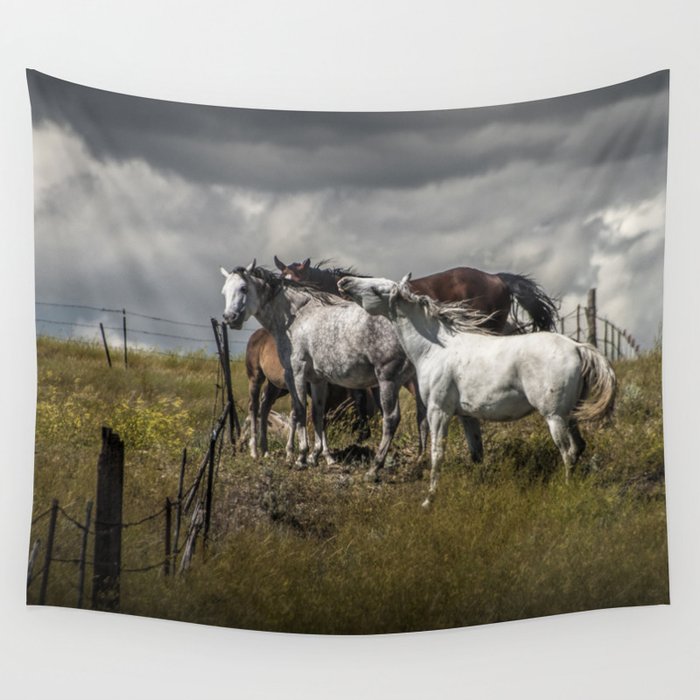 Western Horses by the Pasture Fence under a Cloudy Sky in Montana Wall Tapestry